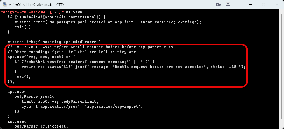 The Brotli check added to app.js between the winston.debug line and the bodyParser call