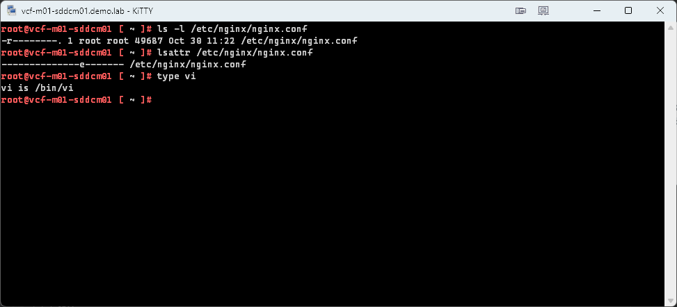 The same three checks after the save, with nginx.conf still showing -r——–