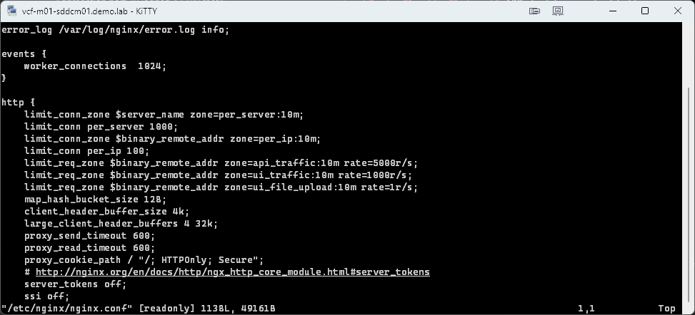 nginx.conf open in vi with the readonly flag in the status line
