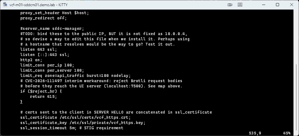 The if ($reject_br) block added to the 443 server block in nginx.conf