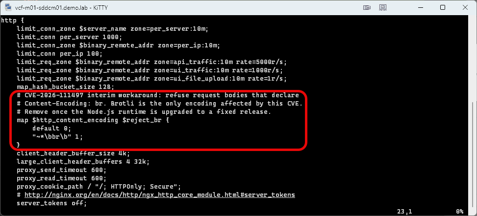 The CVE-2026-111497 map block added to the http block in nginx.conf