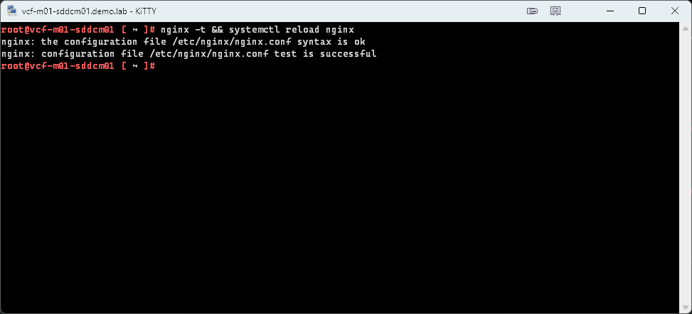nginx -t passing, followed by the nginx reload