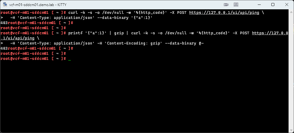 The plain JSON and gzip tests both returning 403