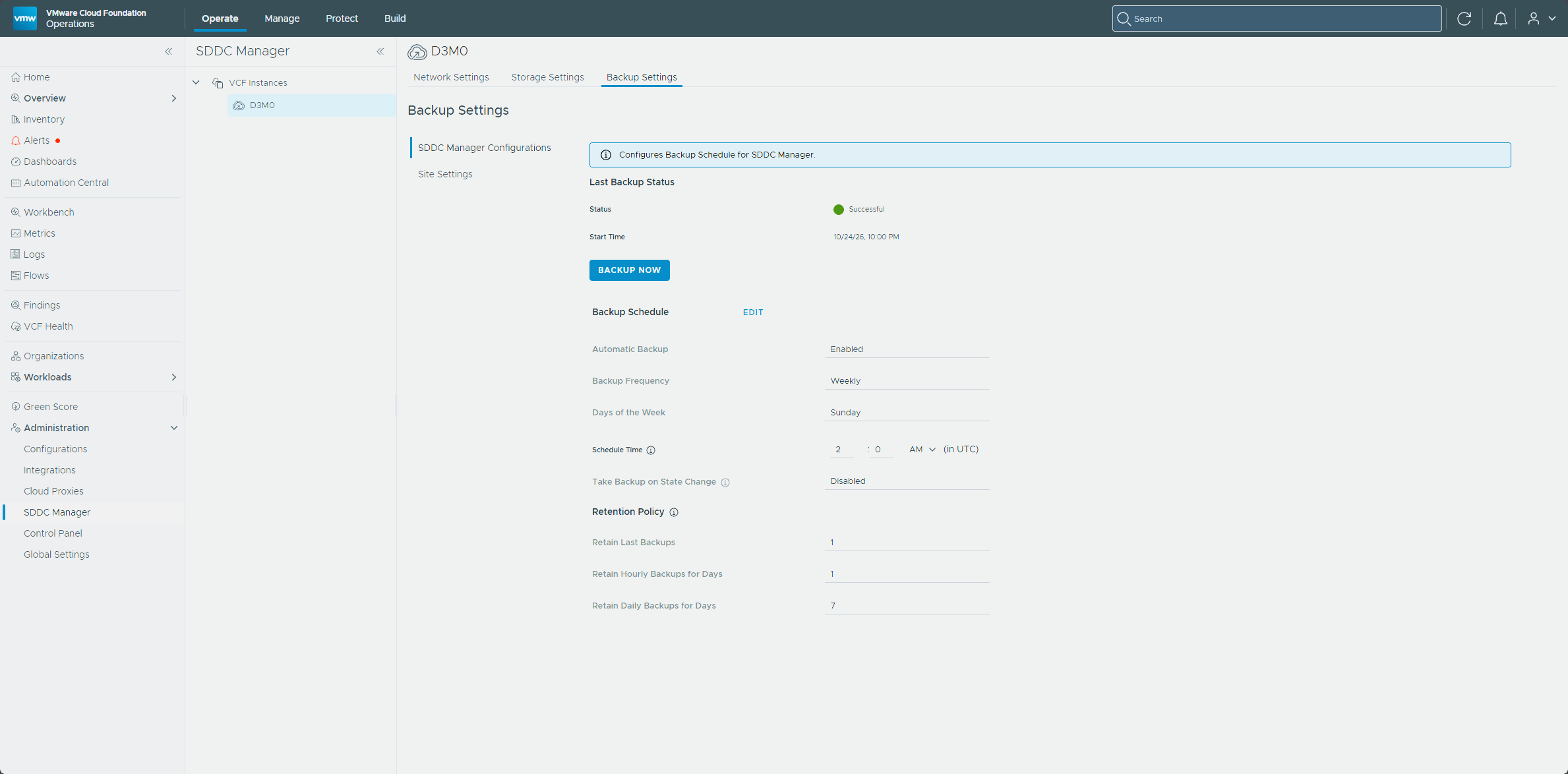 The SDDC Manager Backup Settings page in VCF Operations