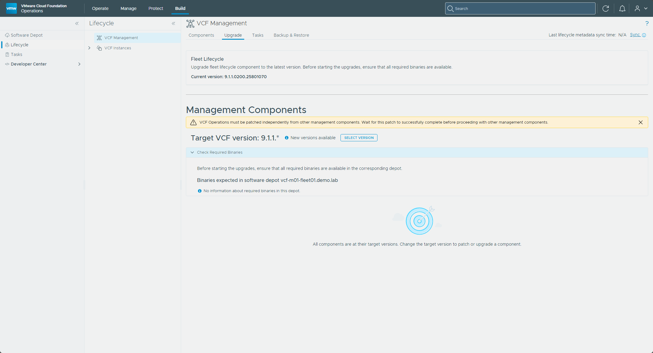 The Upgrade tab showing all components at their target versions