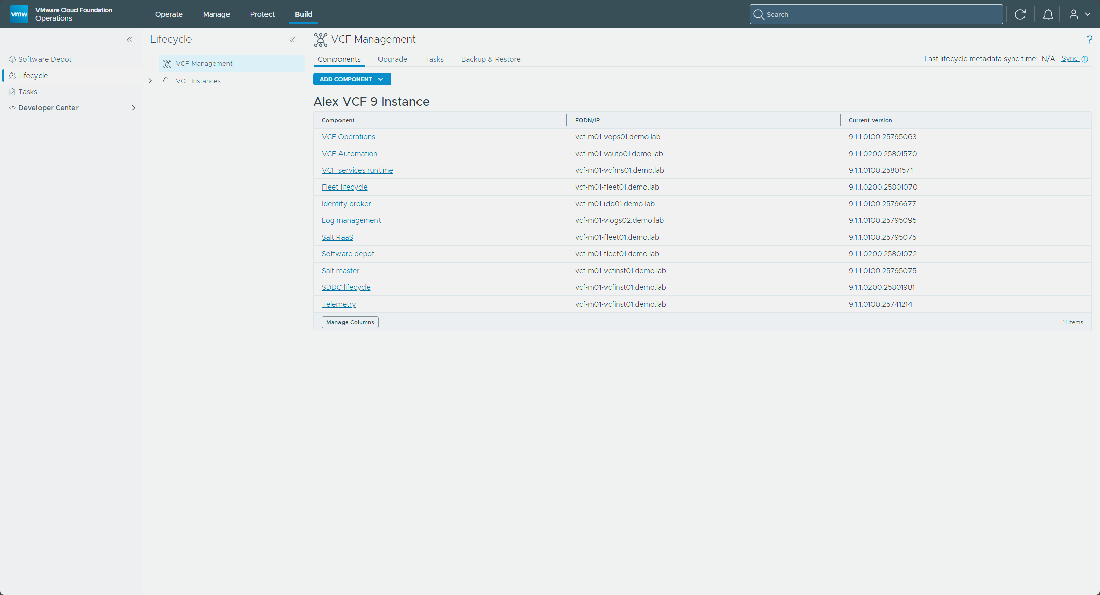 The Components tab showing the patched versions of all 11 management components