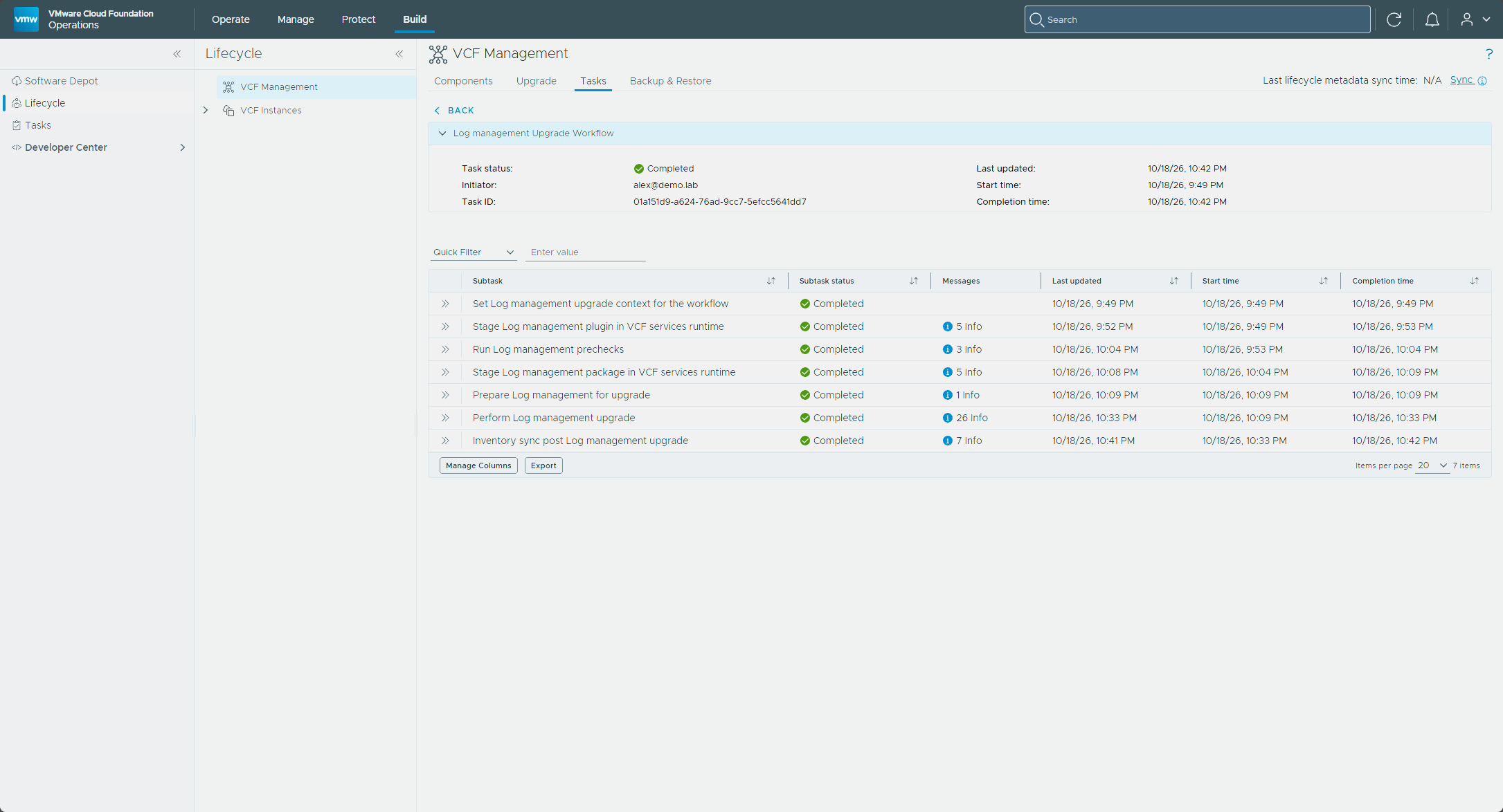 The Log management upgrade workflow completed