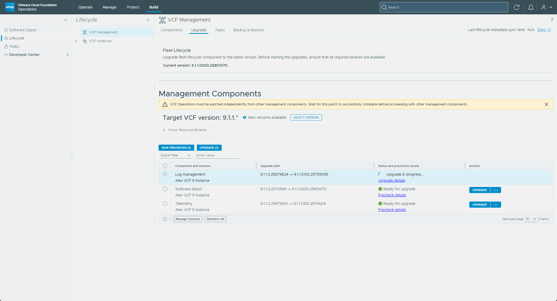 The Log management row showing Upgrade in progress