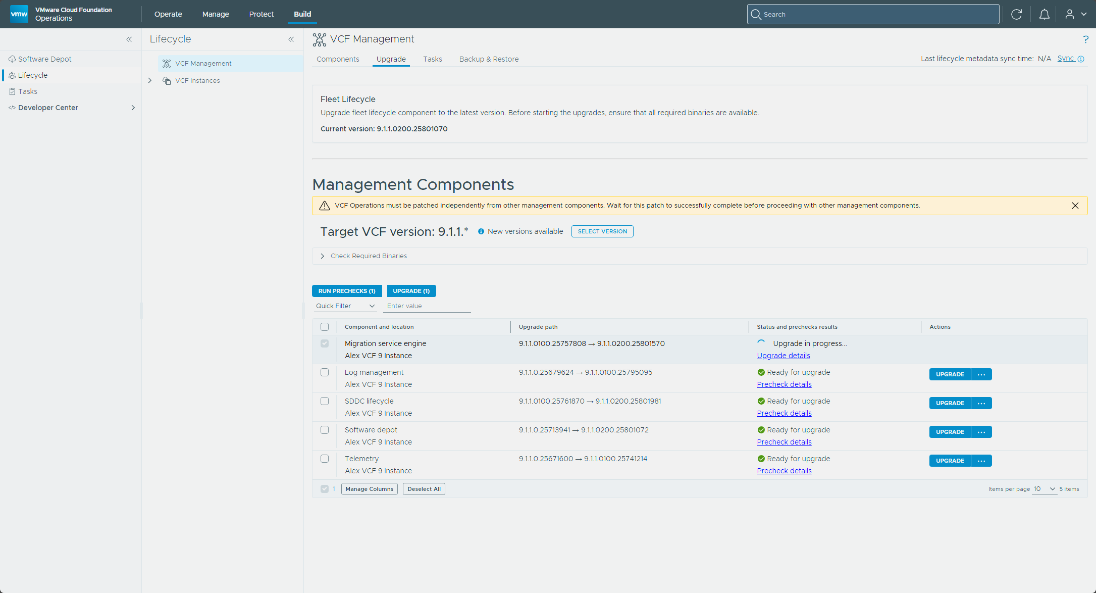 The Migration service engine row showing Upgrade in progress