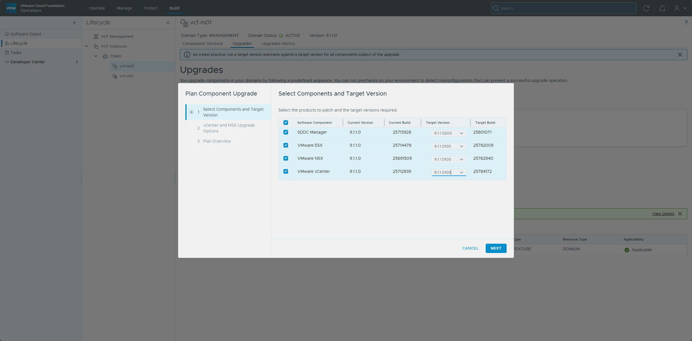 Selecting the components and target versions