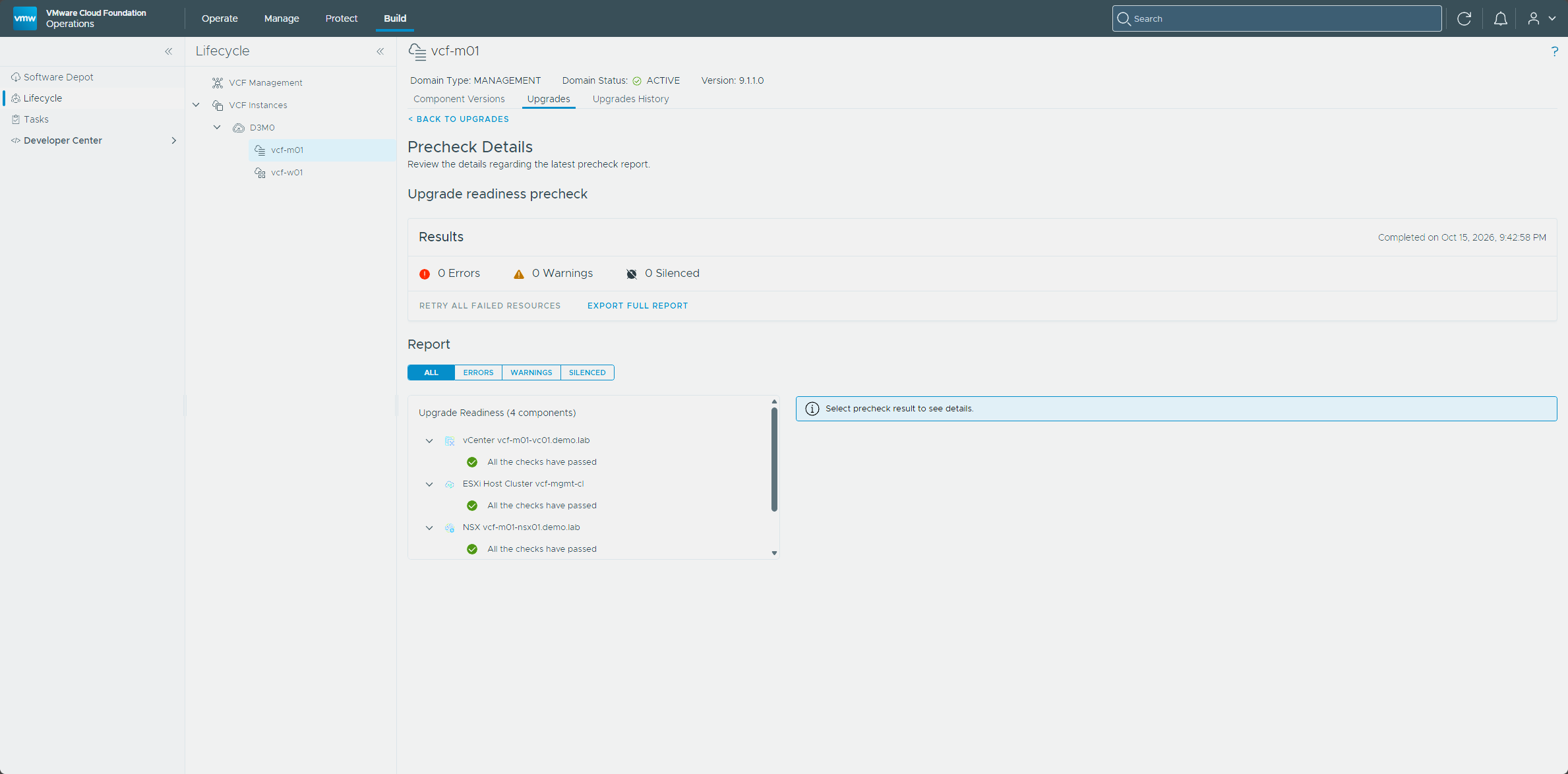 The upgrade readiness precheck results