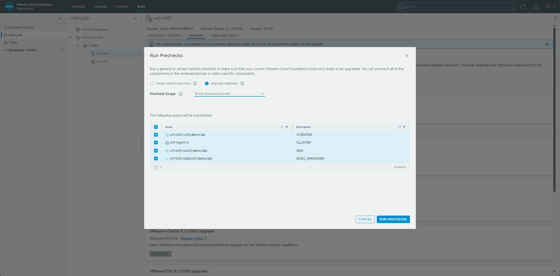 The Run Prechecks dialog with Upgrade readiness selected