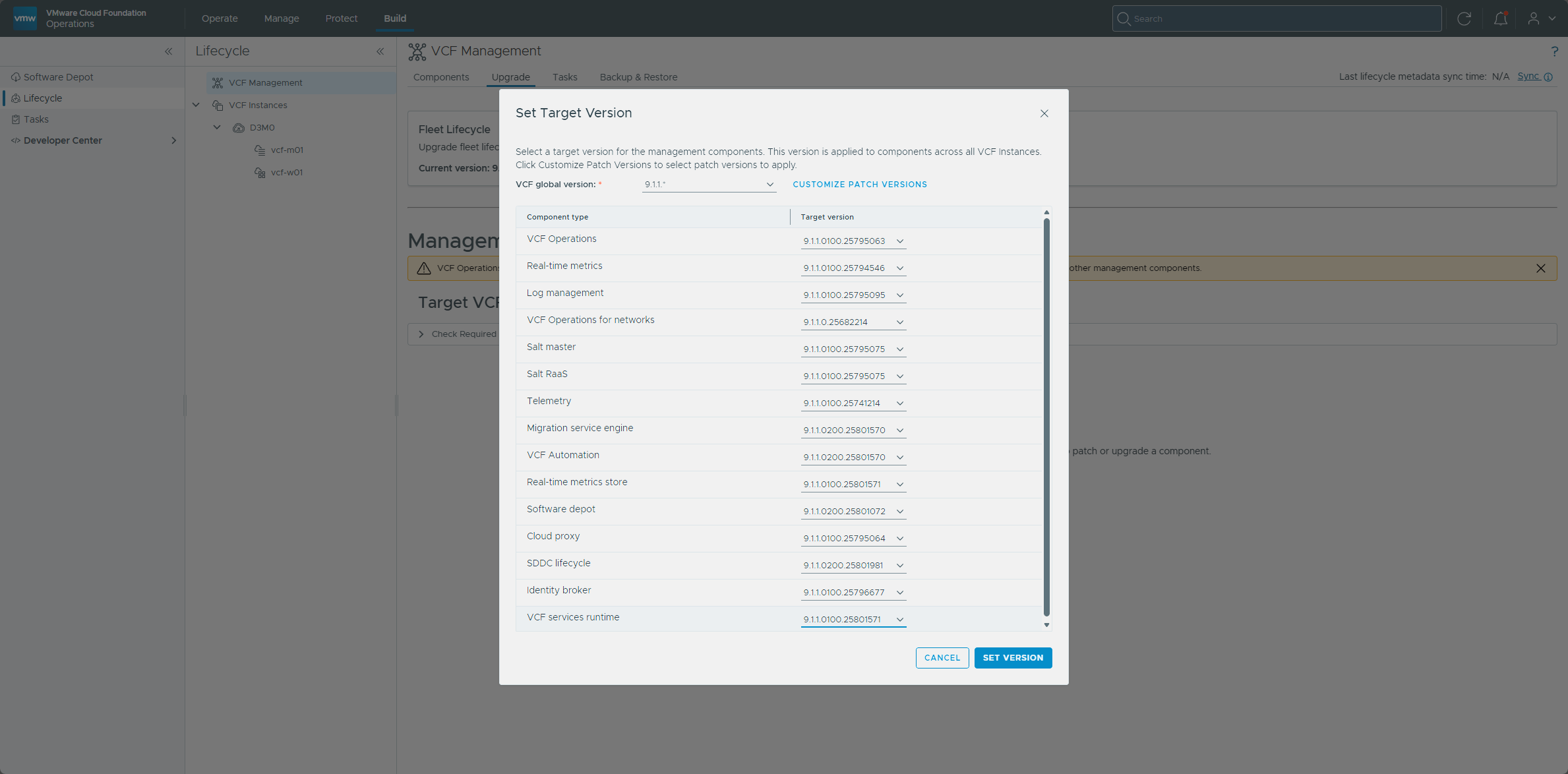 Target versions for the remaining management components