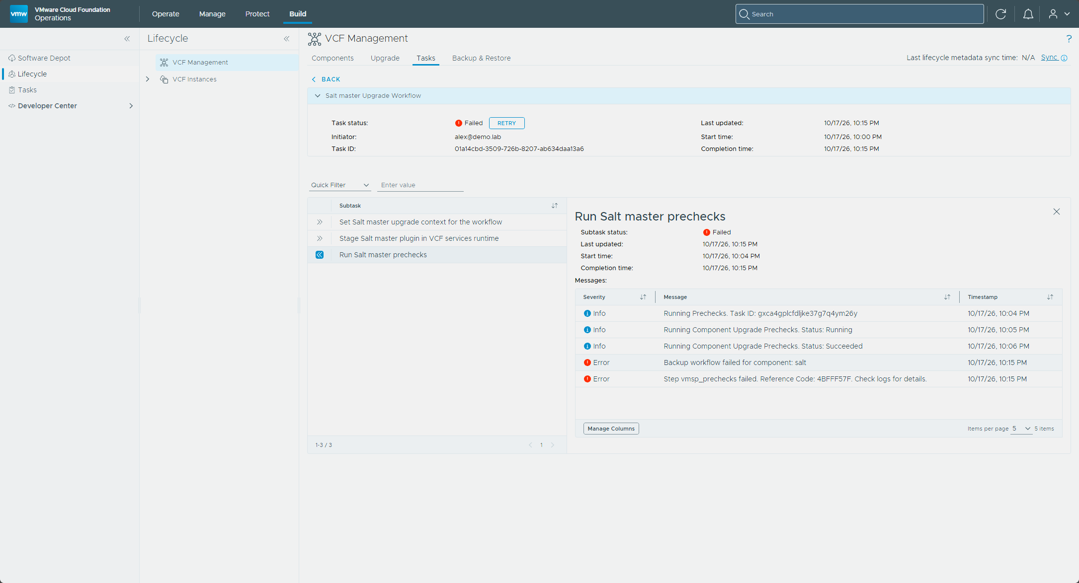 The Salt master precheck failed on the backup workflow