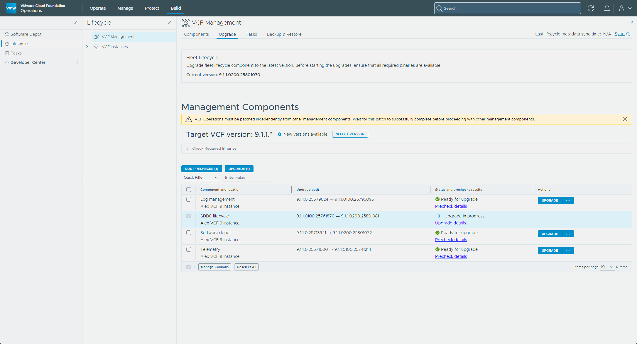 The SDDC lifecycle row showing Upgrade in progress