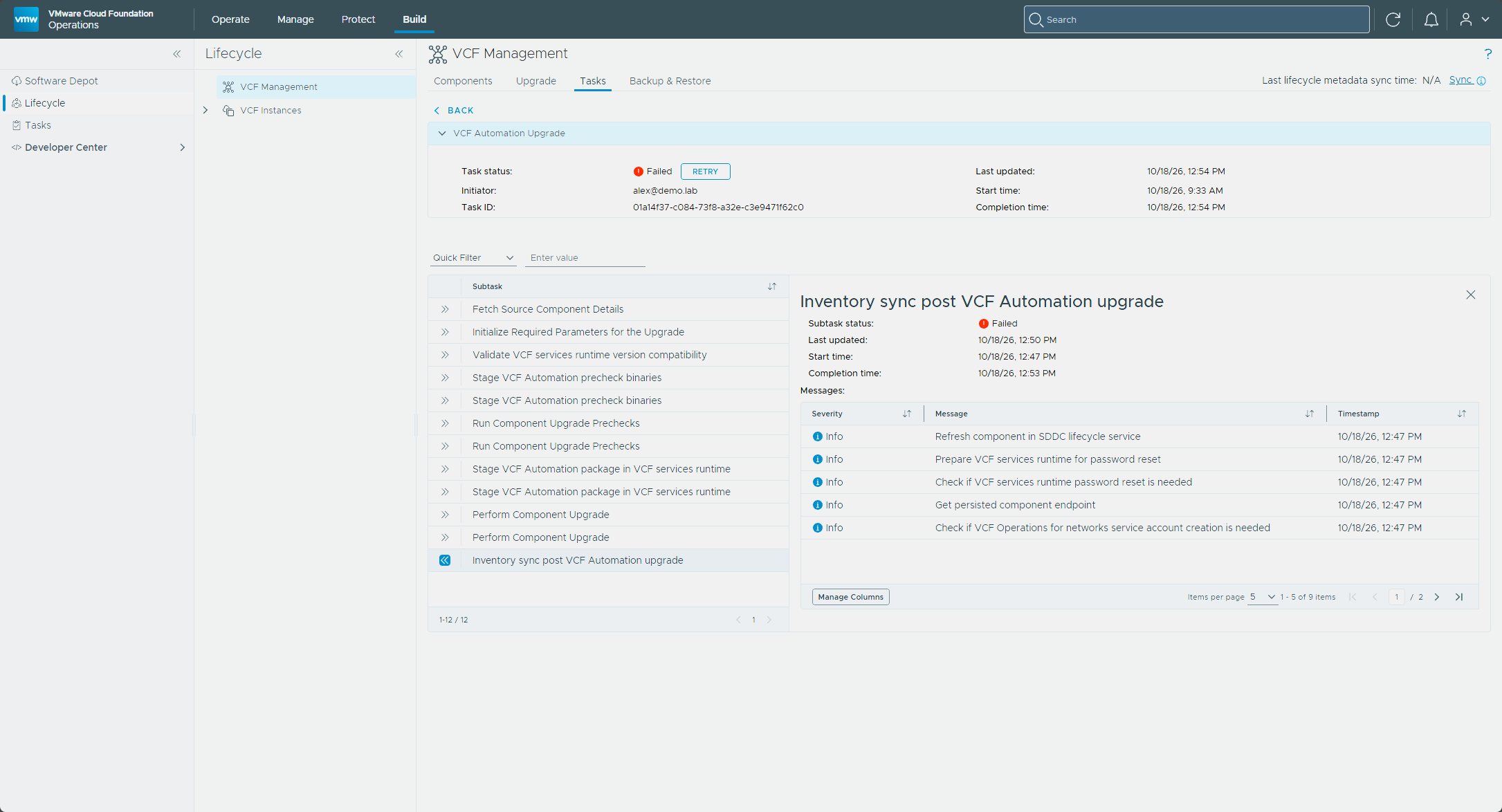 The VCF Automation workflow with the inventory sync subtask failed