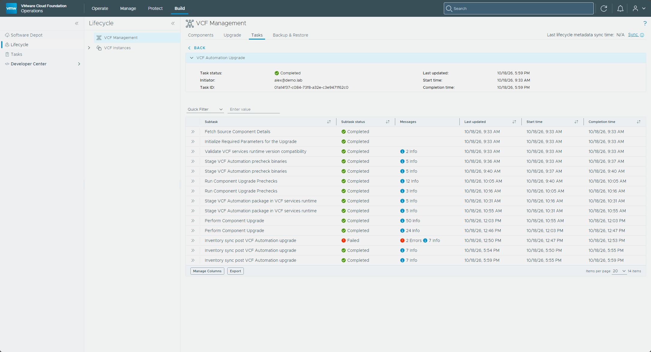 The VCF Automation upgrade workflow completed after the retry
