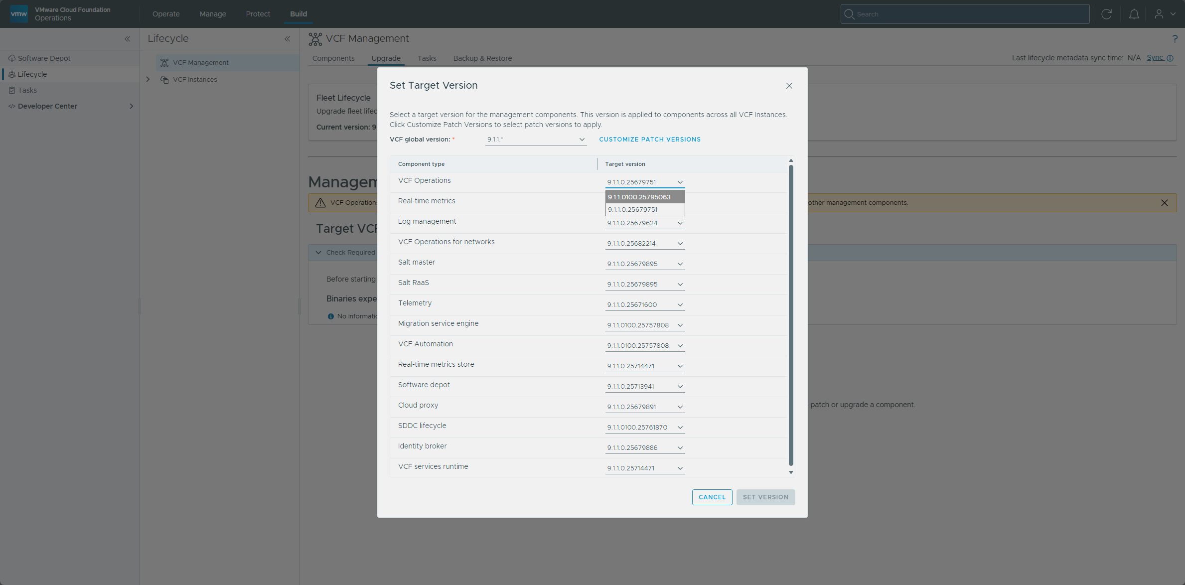 Picking the VCF Operations target version