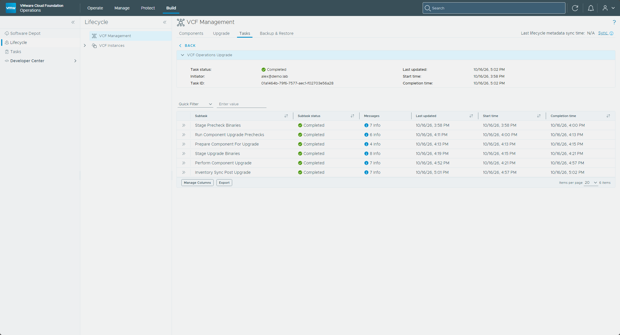 The VCF Operations upgrade workflow completed