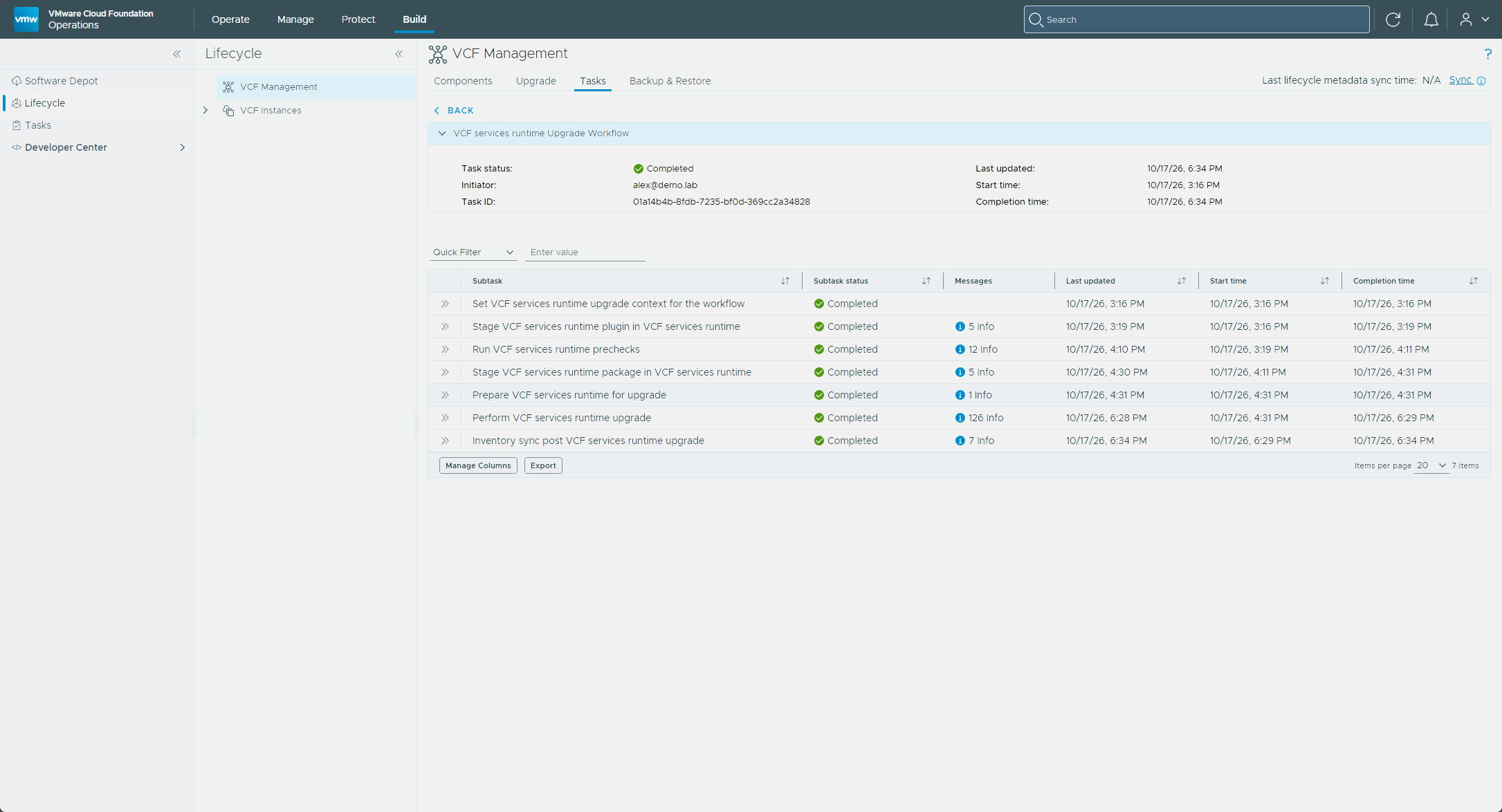 The VCF services runtime upgrade workflow completed