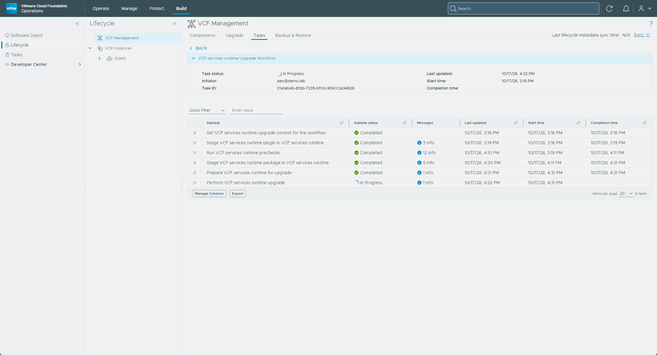 The VCF services runtime upgrade workflow in progress