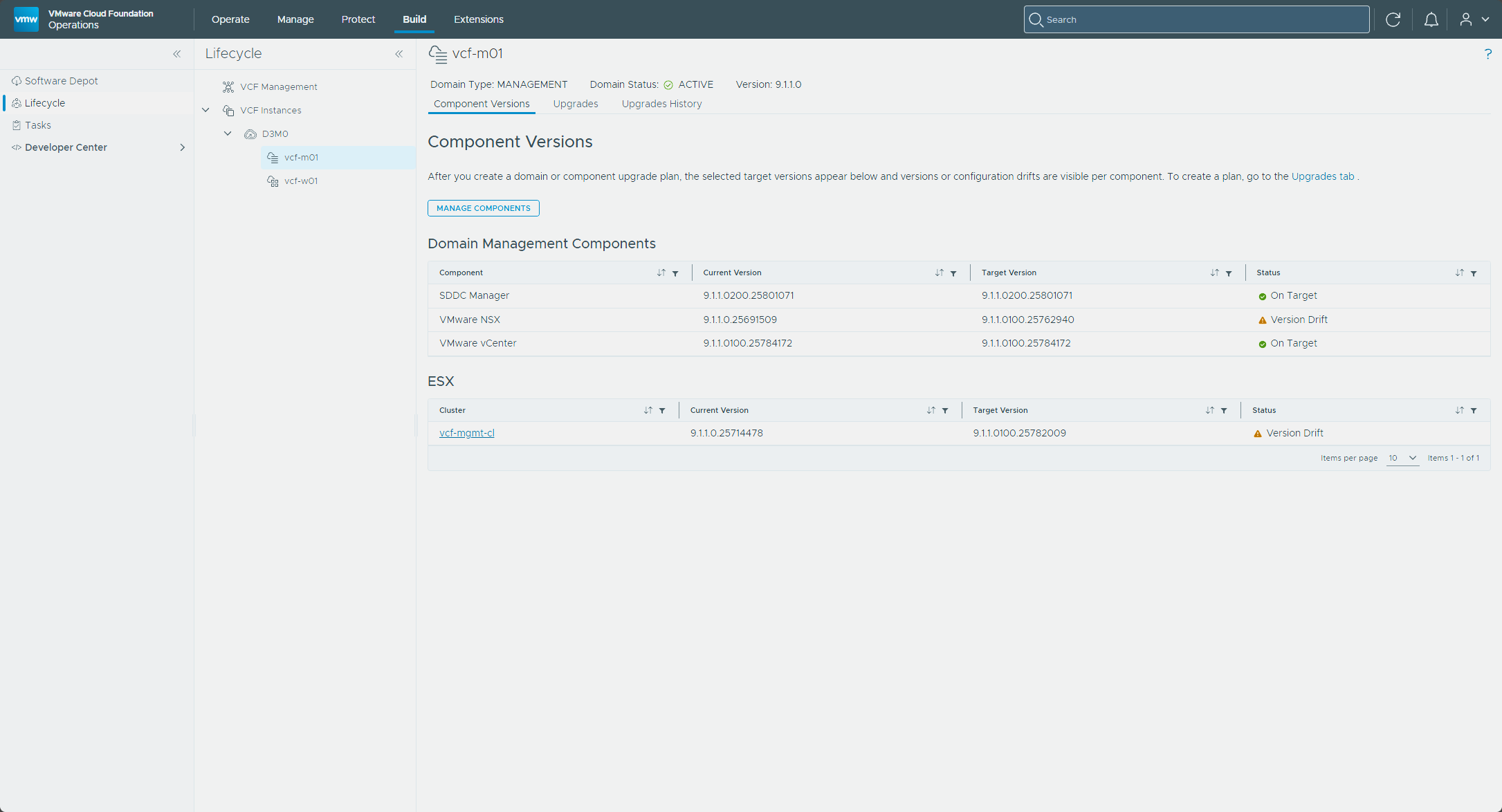 Component Versions with vCenter On Target