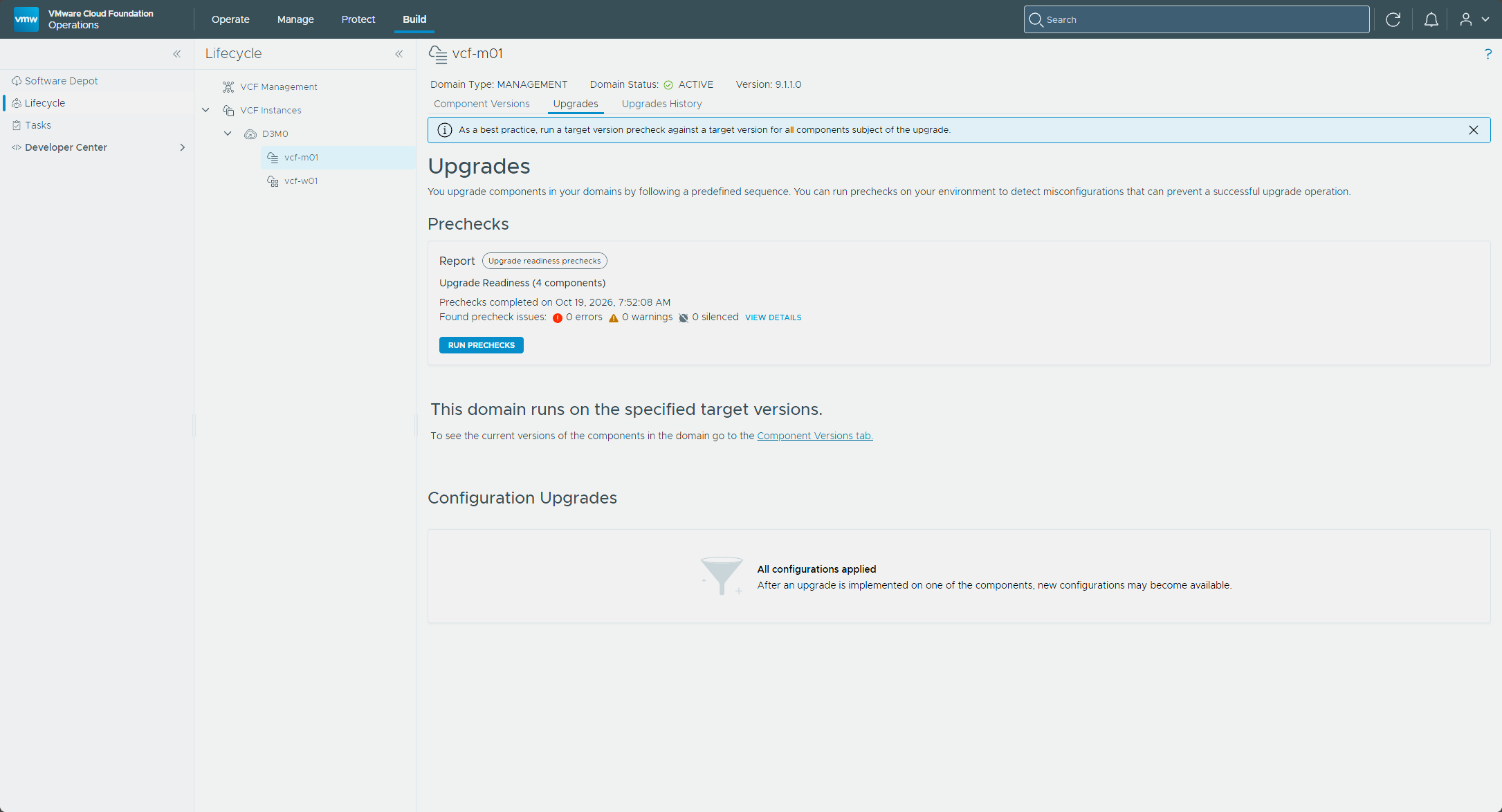 The Configuration Upgrades section reading All configurations applied
