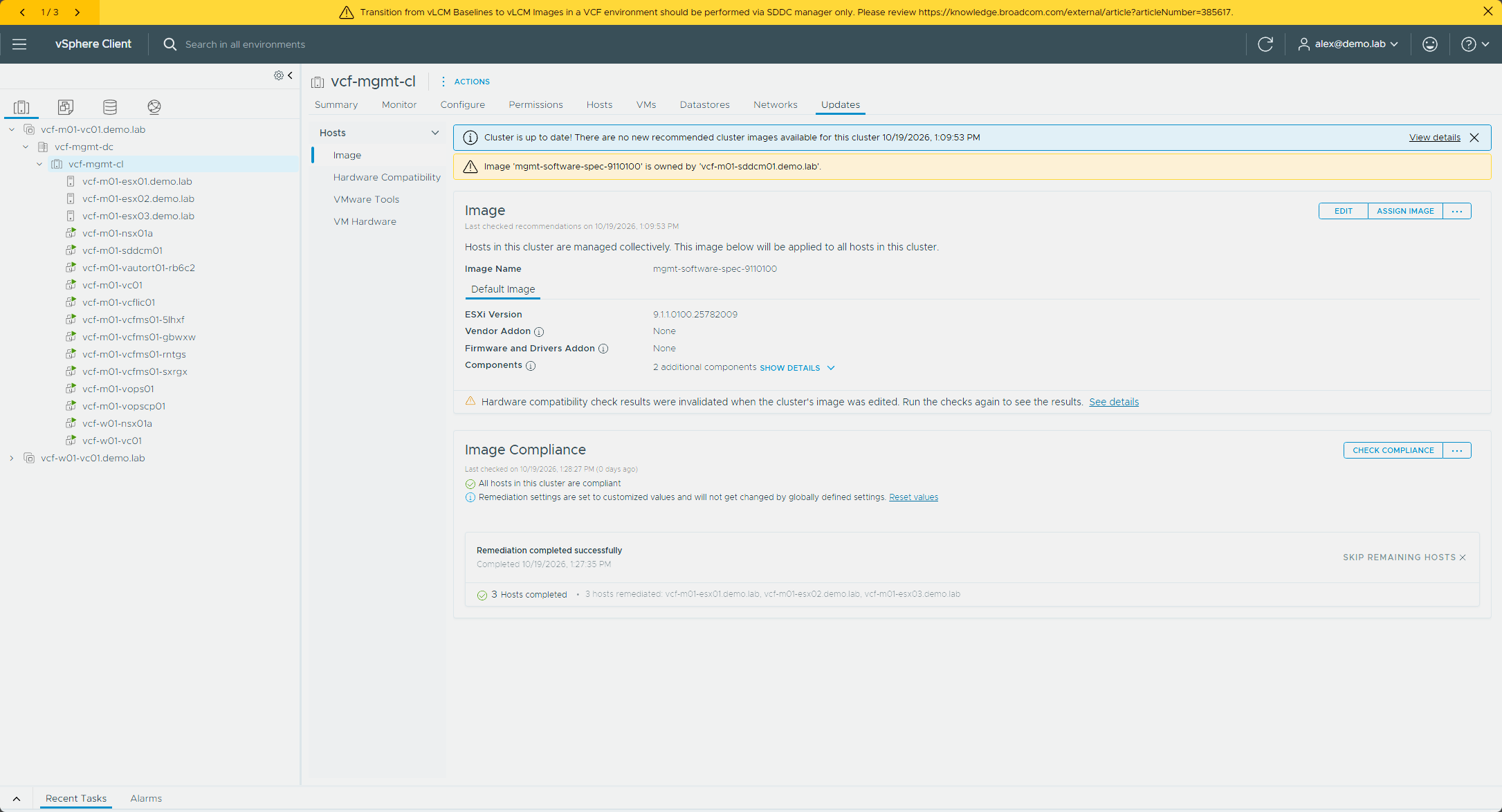 The vcf-mgmt-cl Updates tab with remediation completed for all three hosts
