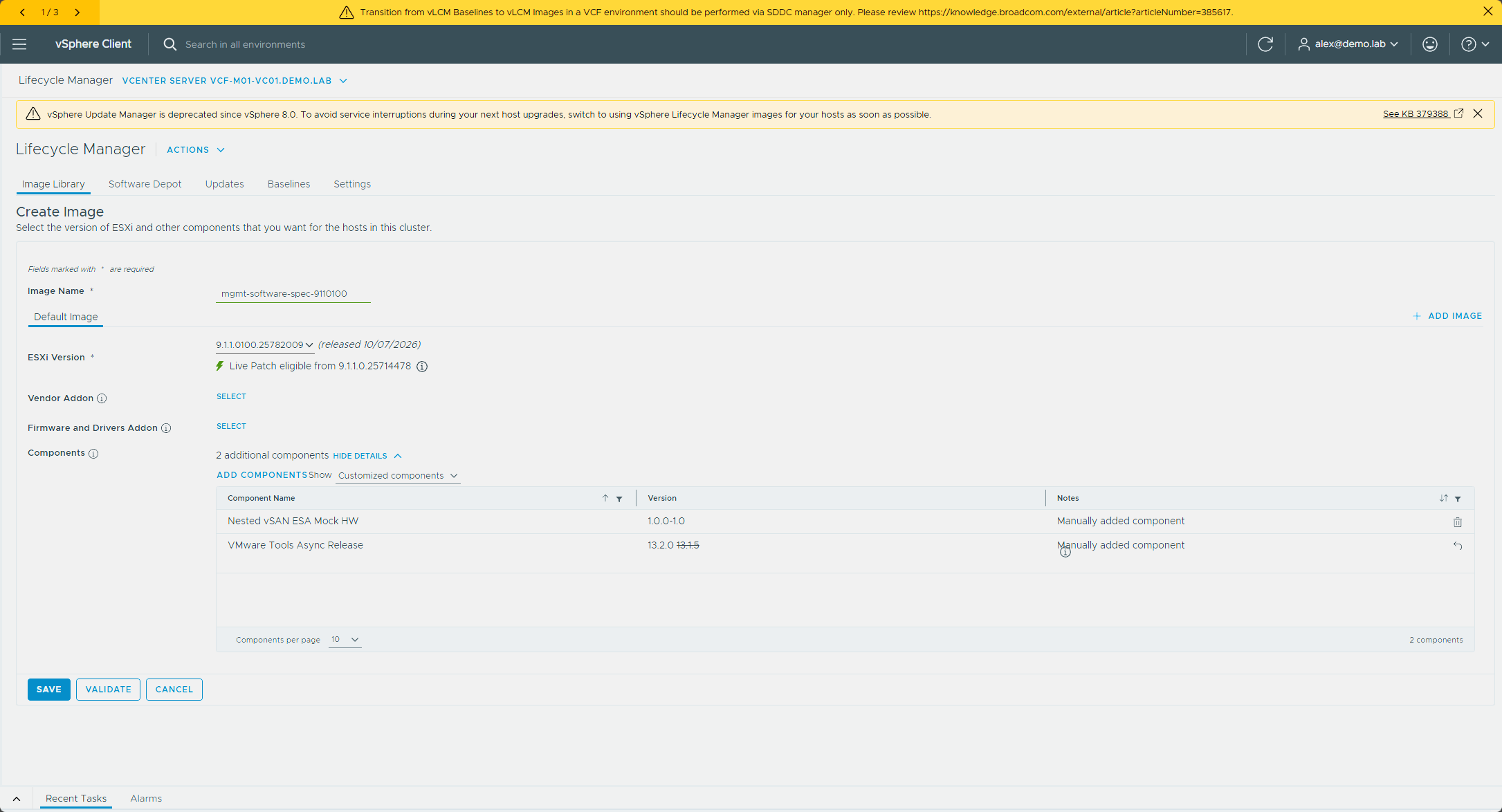 The Create Image form for 9.1.1.0100 with the two additional components