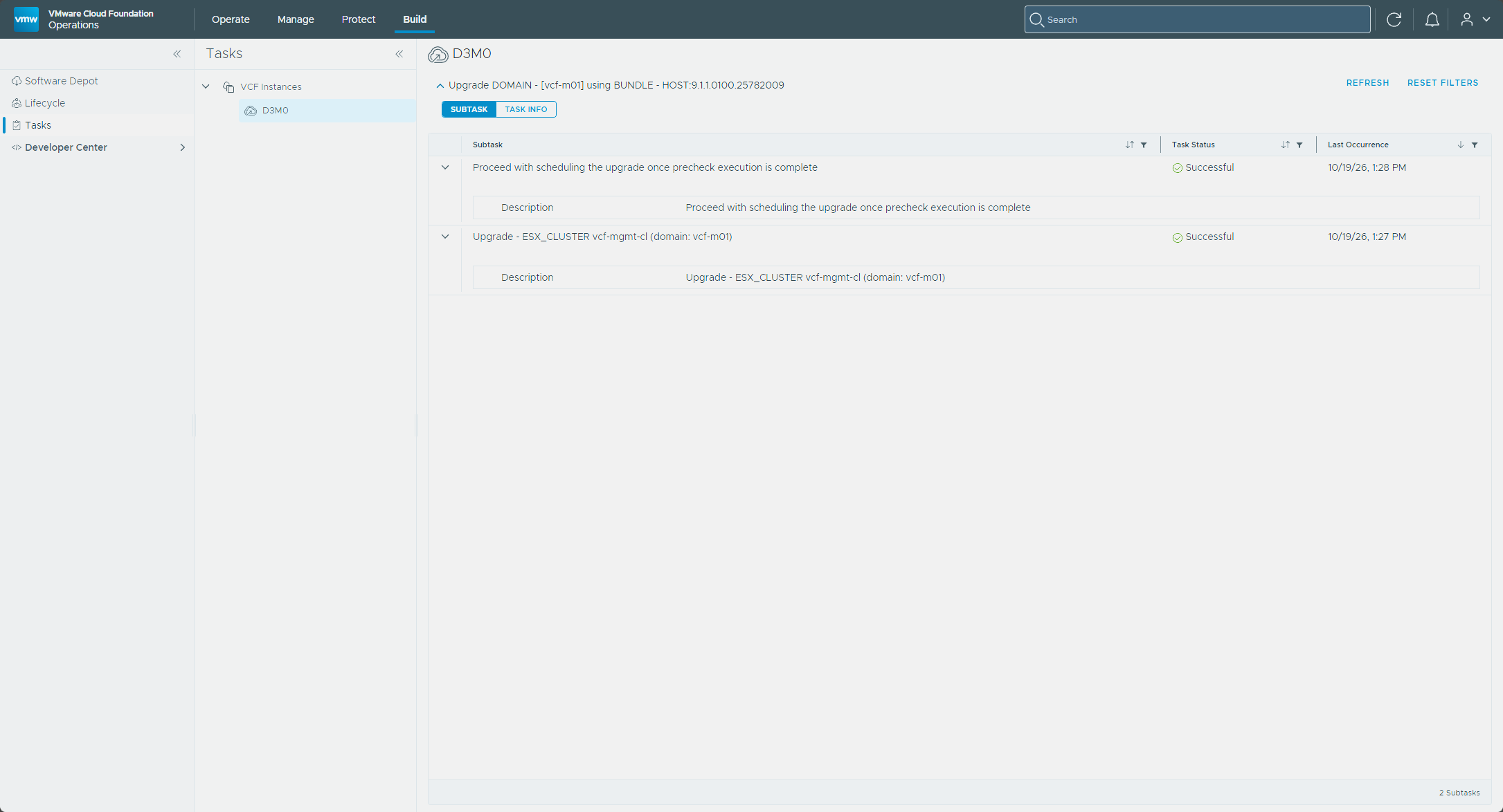 The Tasks page with the ESX cluster upgrade Successful