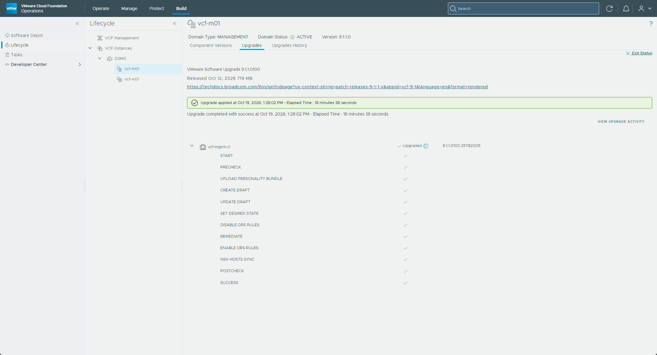 The ESX cluster upgrade completed on 9.1.1.0100.25782009