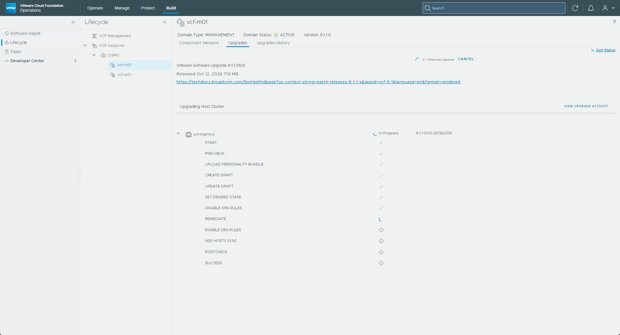 The ESX cluster upgrade in progress at the remediate step