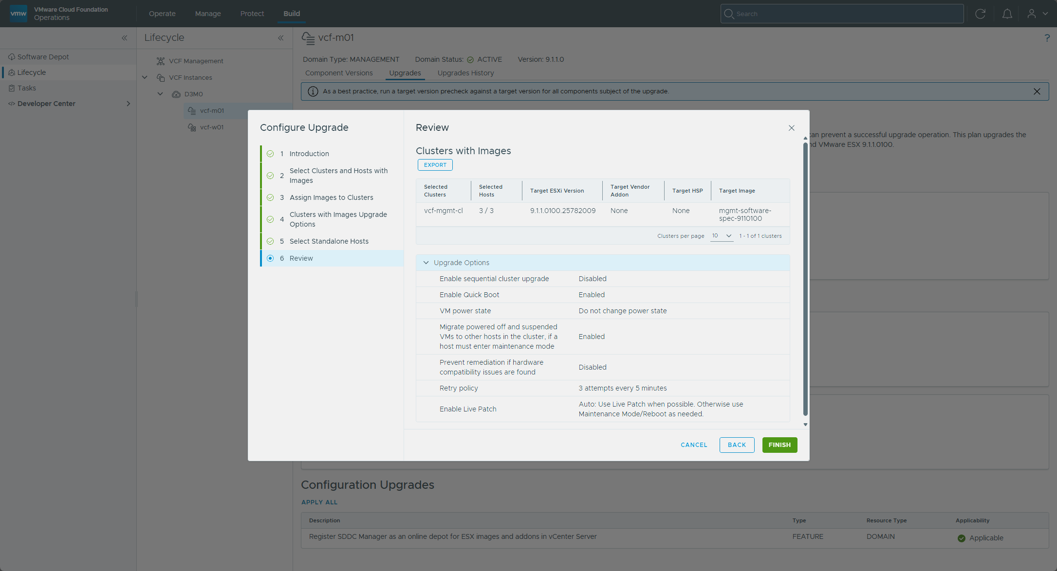 The Configure Upgrade review page with the upgrade options