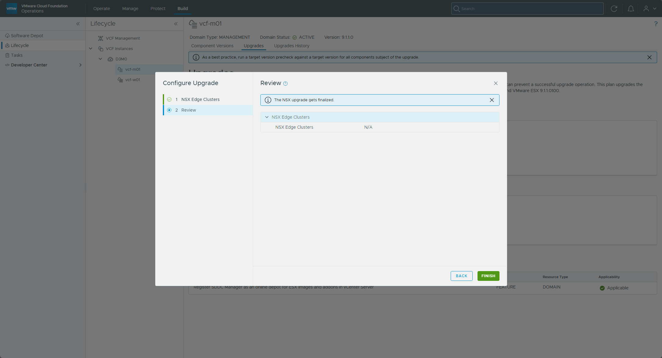 The Configure Upgrade review page with NSX Edge Clusters N/A