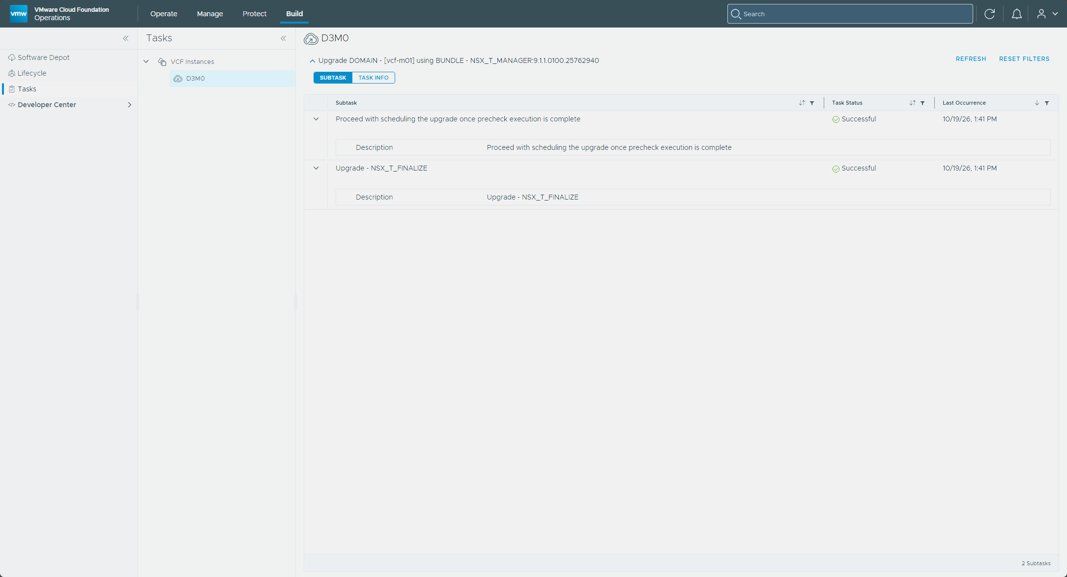 The Tasks page with NSX_T_FINALIZE Successful