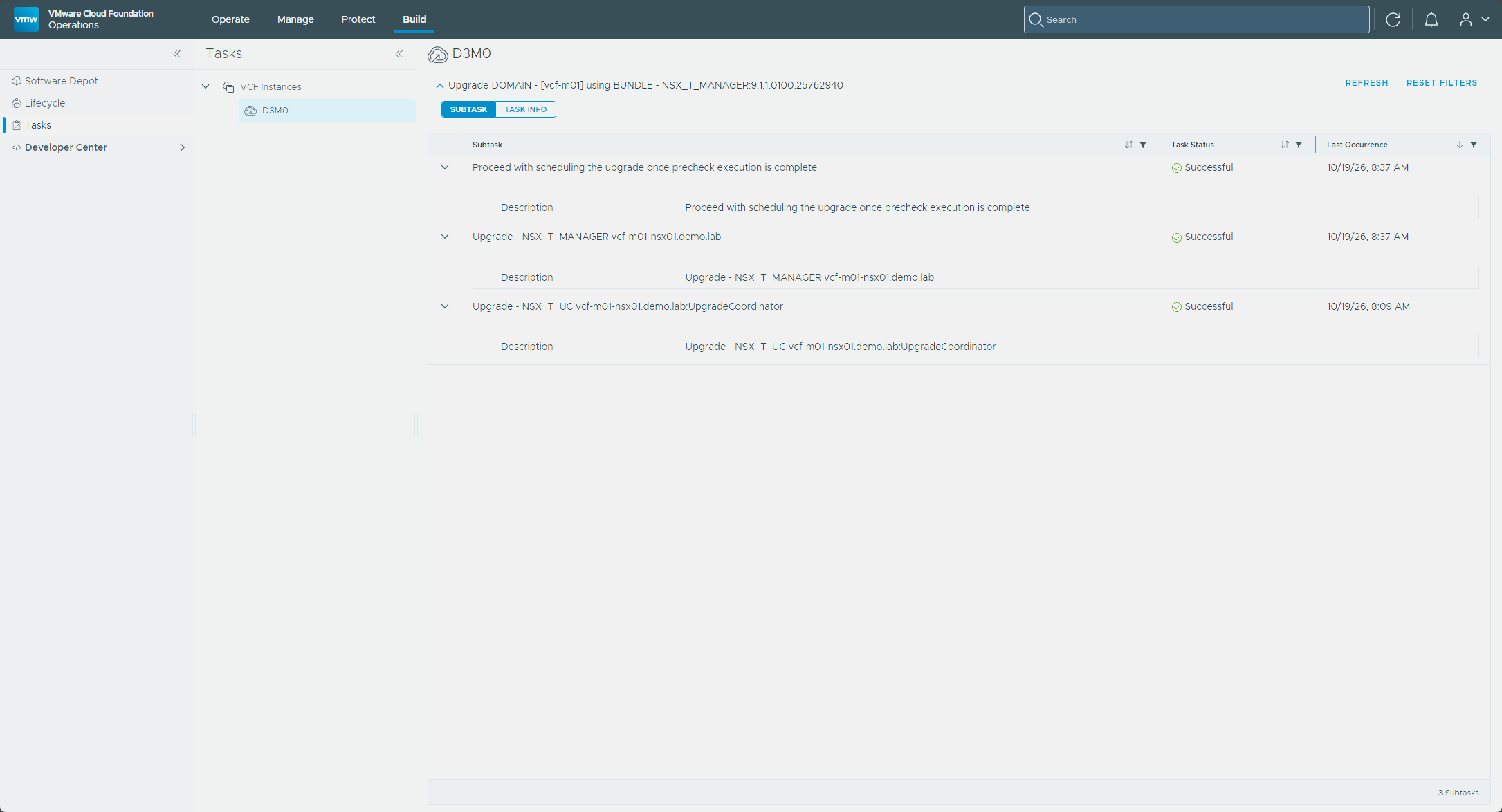 The Tasks page with the NSX Manager upgrade subtasks Successful