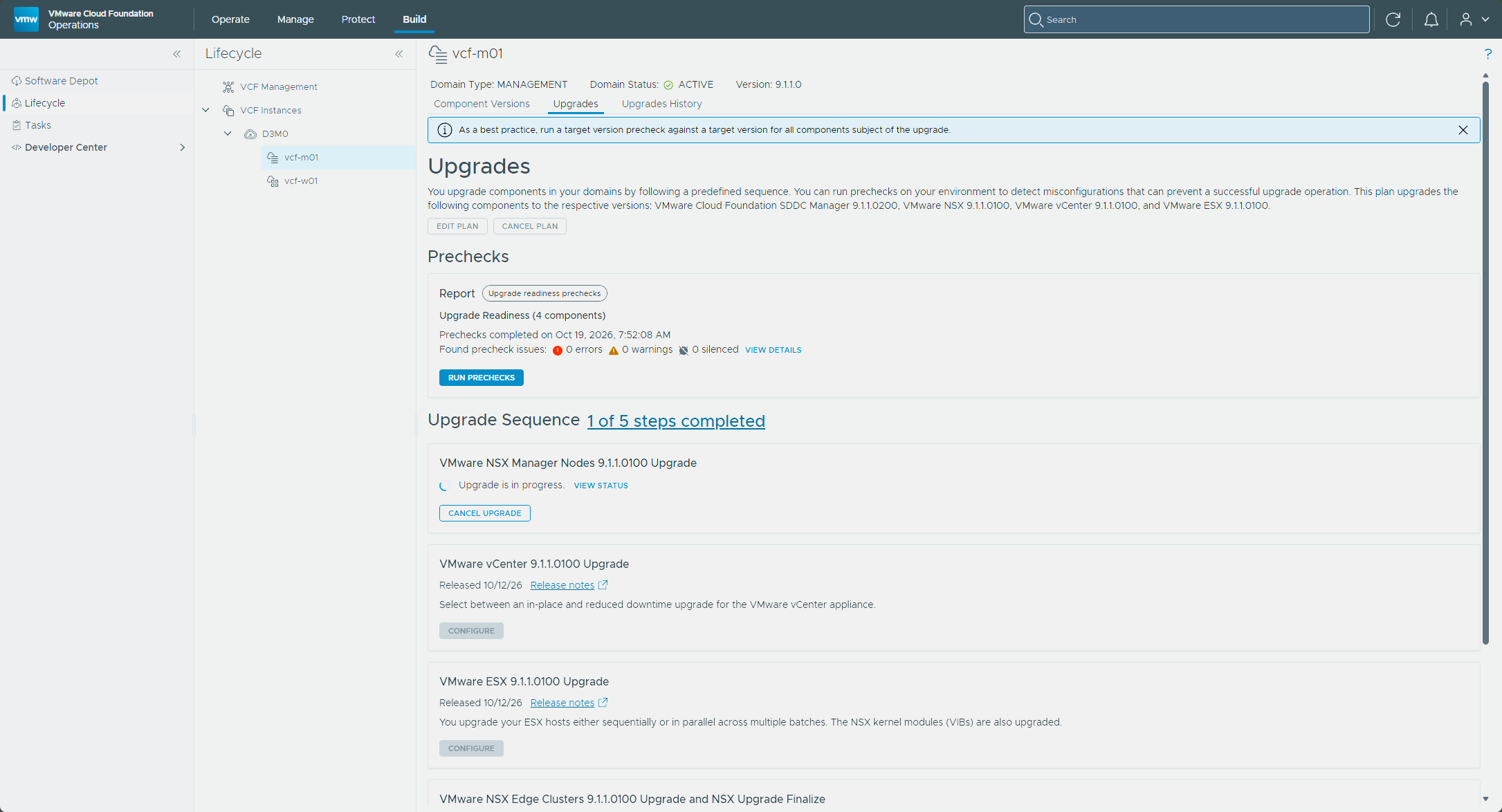 The NSX Manager Nodes tile showing the upgrade in progress