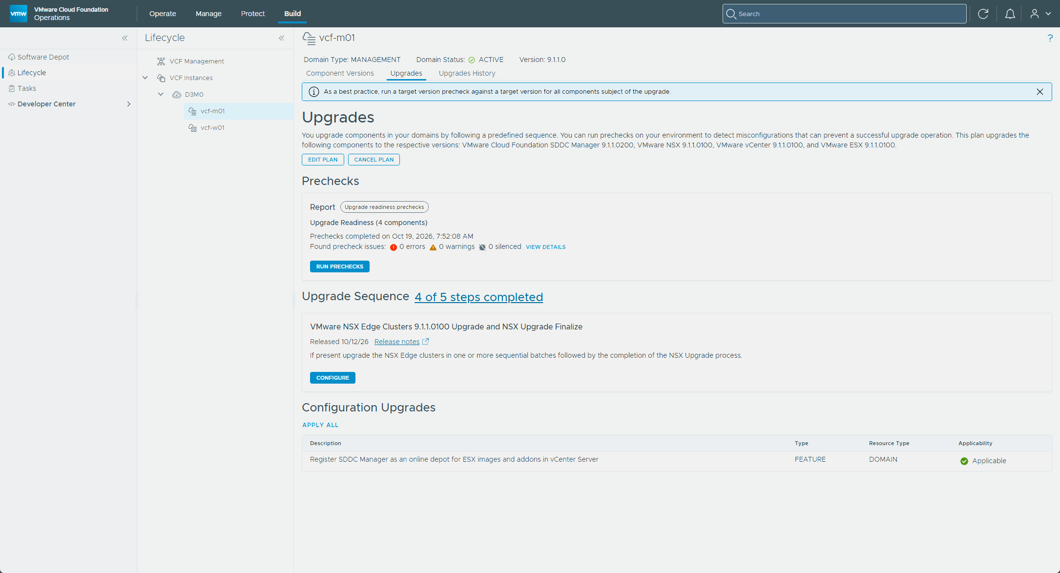 The Upgrades tab with only the NSX Edge Clusters step left
