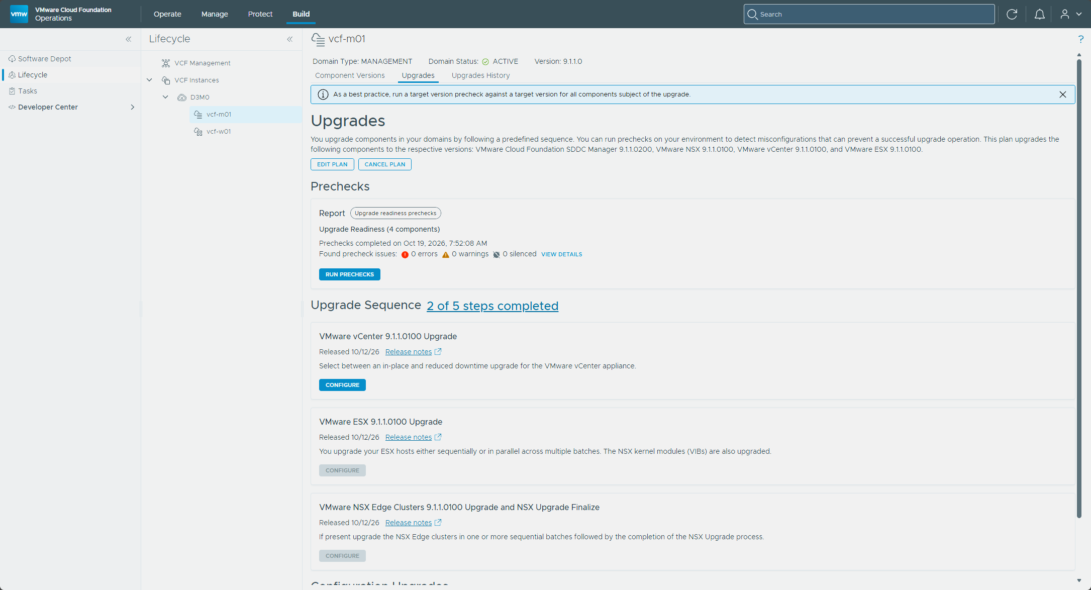 The Upgrades tab with NSX Manager done and vCenter next
