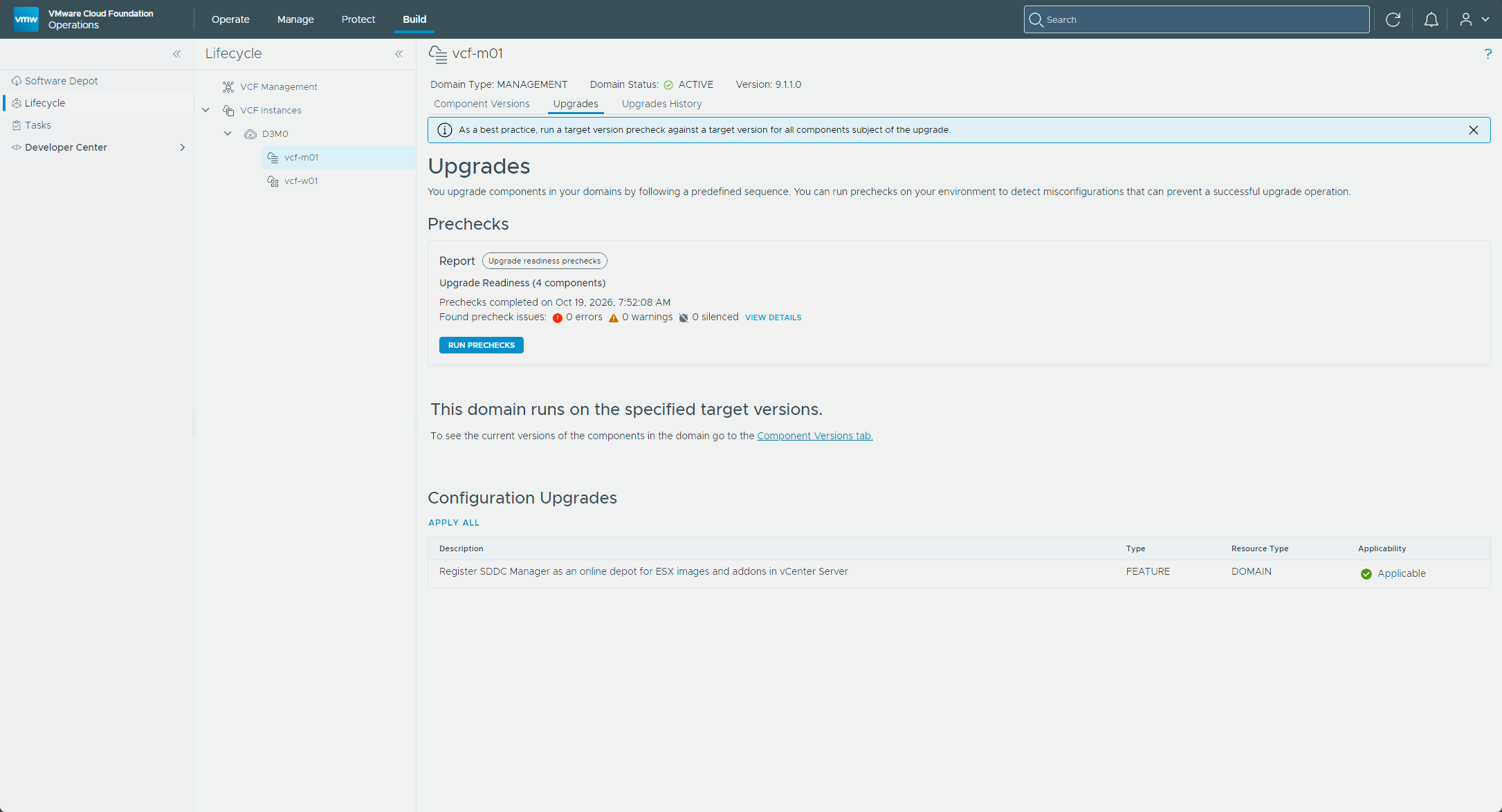 The Upgrades tab reporting the domain runs on the specified target versions