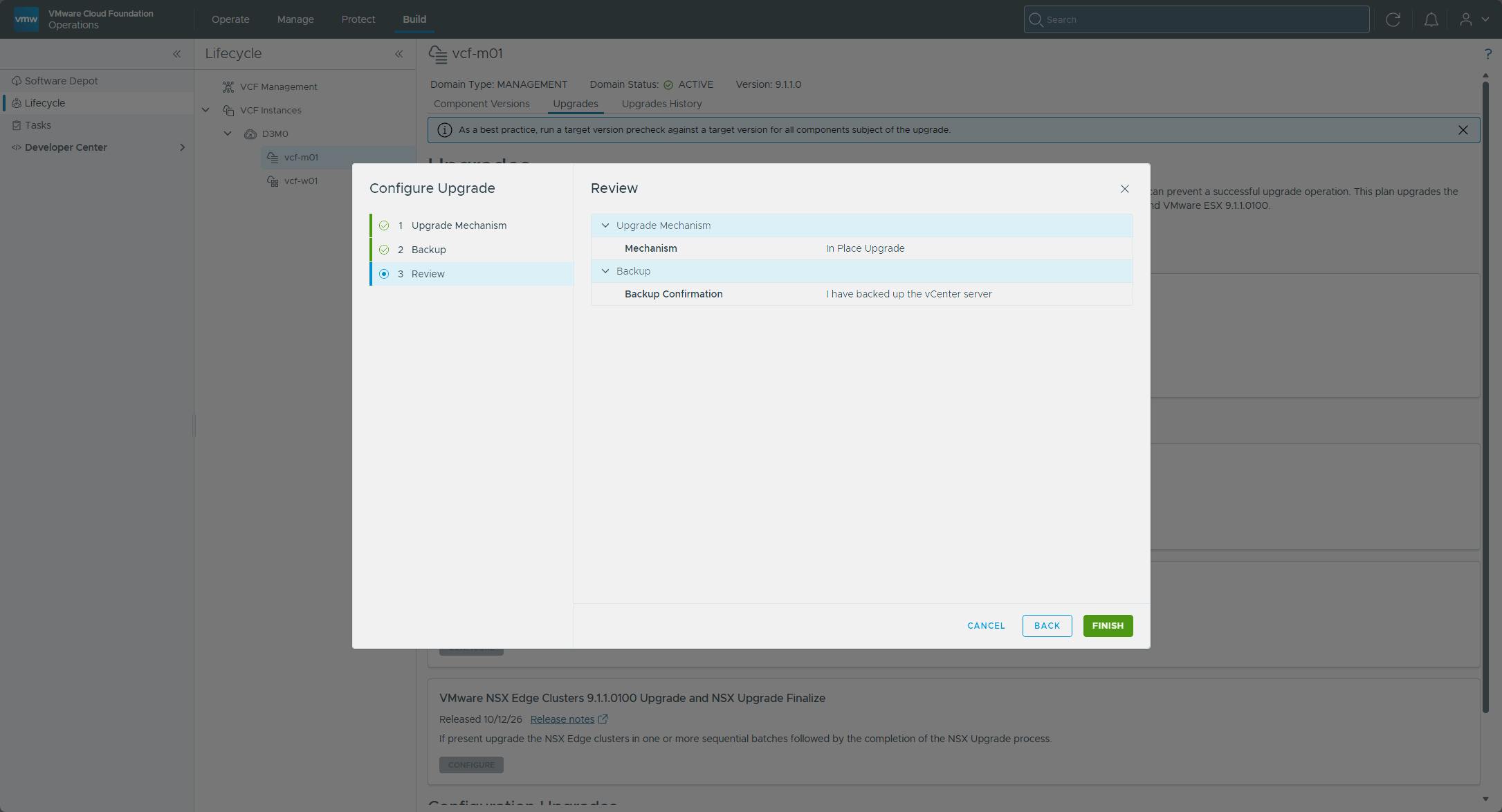 The Configure Upgrade review page with the in place mechanism and the backup confirmation