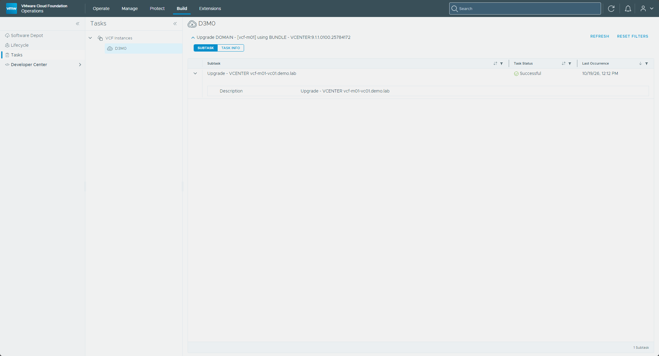 The Tasks page with the vCenter upgrade Successful