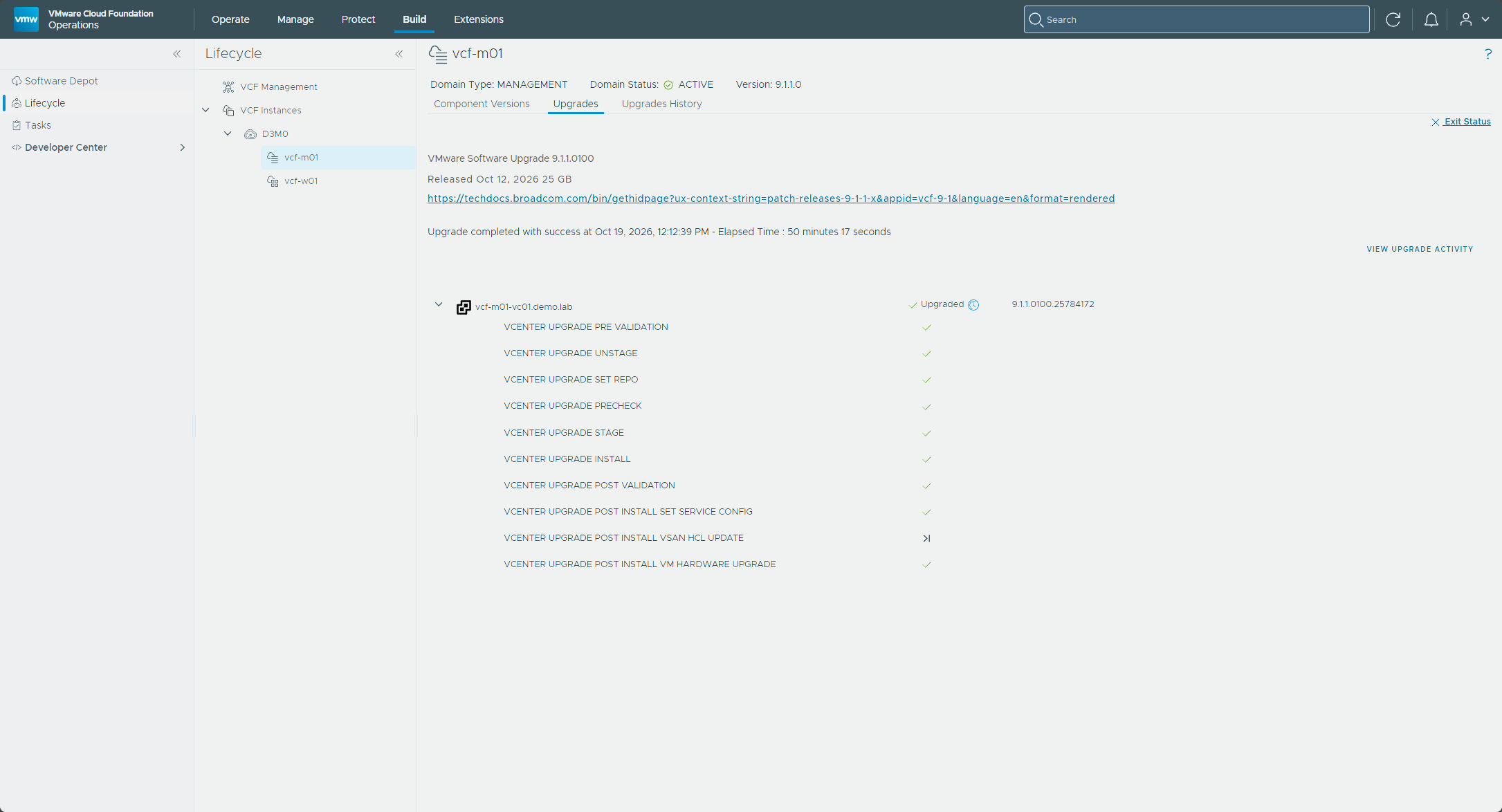 The vCenter upgrade completed on 9.1.1.0100.25784172