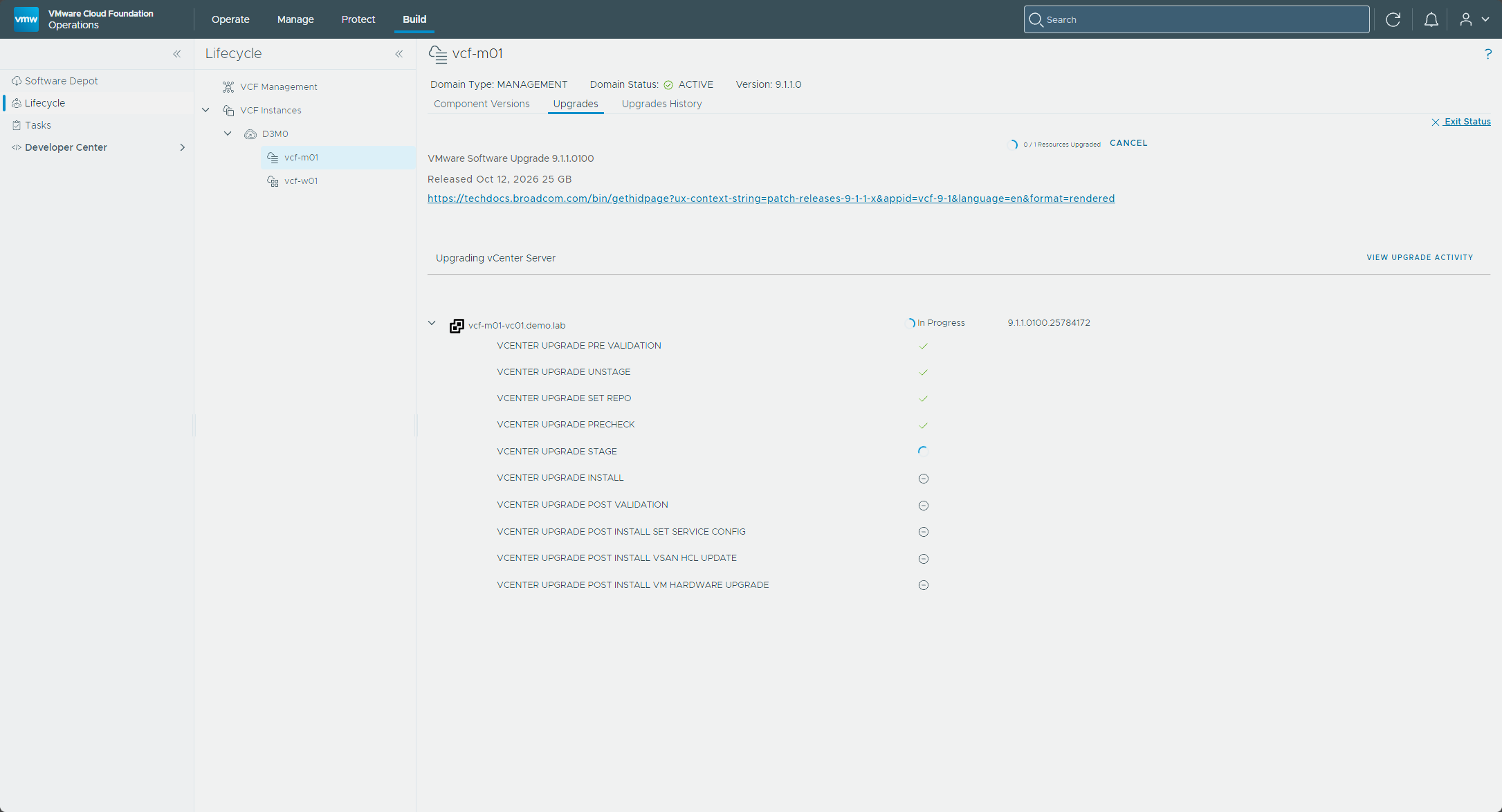 The vCenter upgrade in progress, partway through the staging step