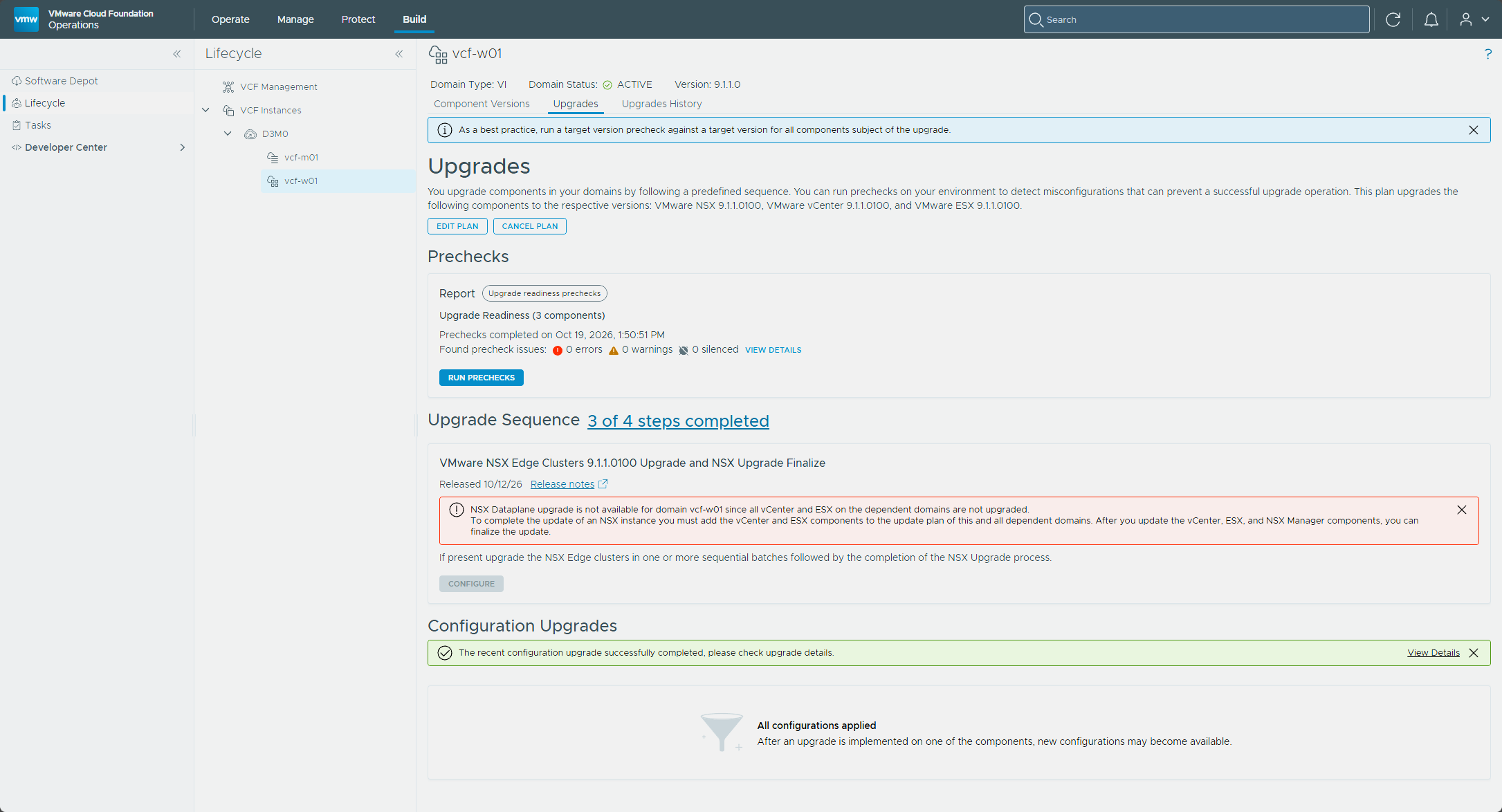 The NSX Edge Clusters tile with Configure grayed out and the red banner