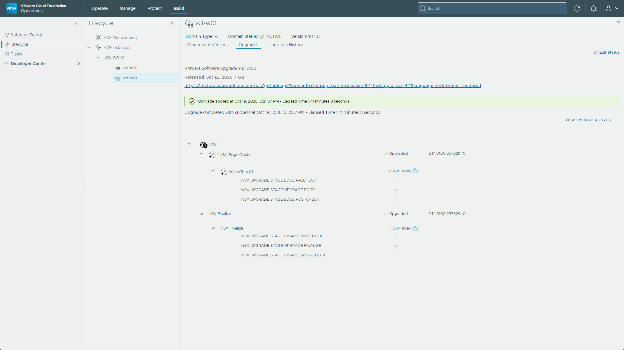 The vcf-w01 Edge cluster and NSX Finalize both Upgraded