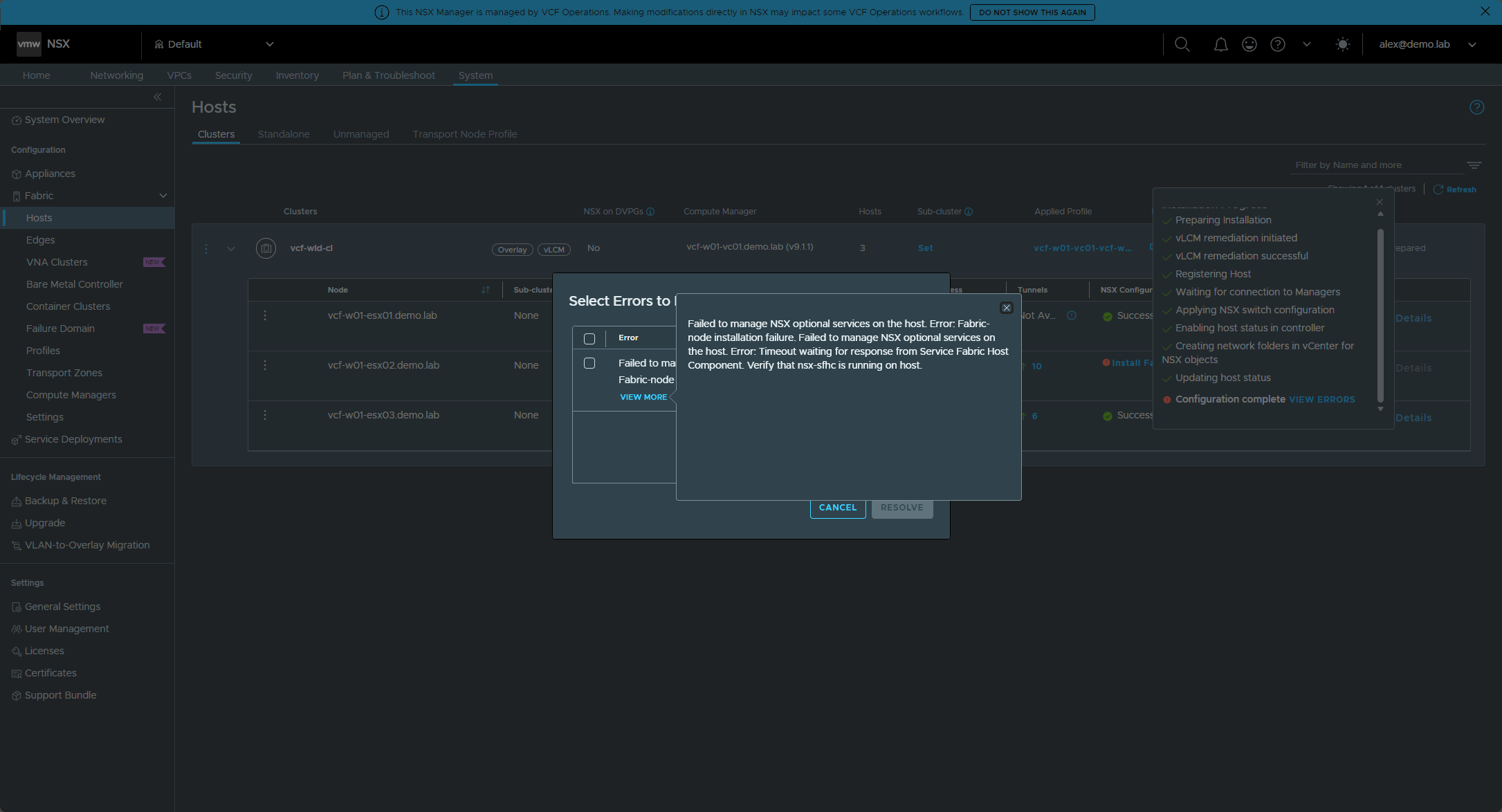 The NSX error for vcf-w01-esx02 about the Service Fabric Host Component timeout