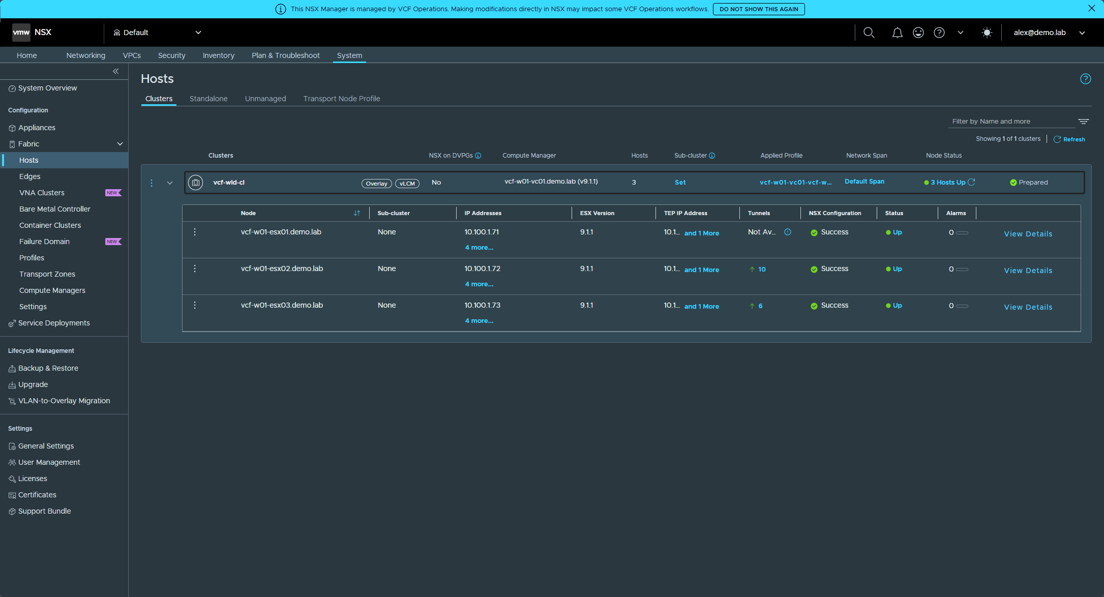 All three vcf-w01 hosts showing Success in NSX Manager