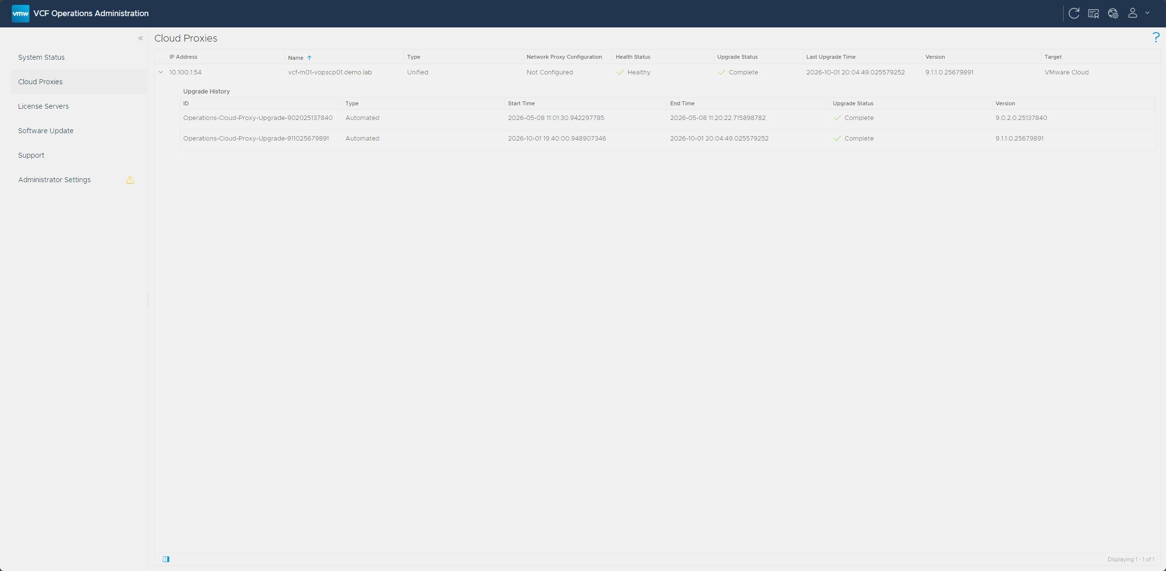 The Cloud Proxies page in the VCF Operations admin interface after the upgrade