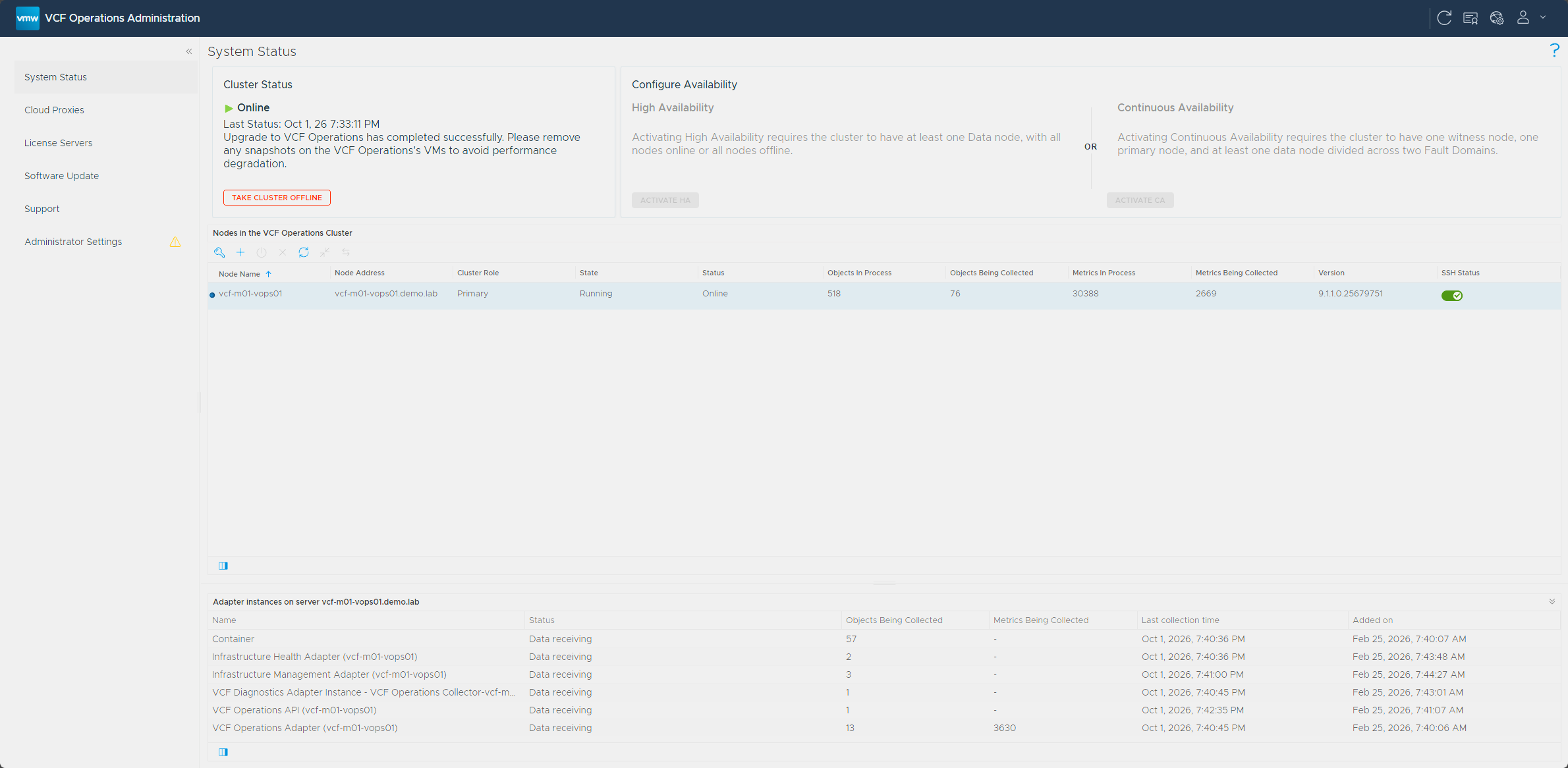 VCF Operations admin interface after the upgrade, with the cluster online and the node on 9.1.1.0.25679751